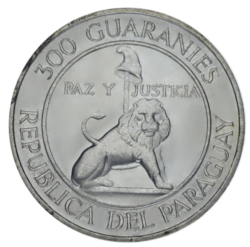 фото Парагвай 300 гуарани 1968 Серебро UNC Лев Юстиция (Ag 720, 26,6 грамм)