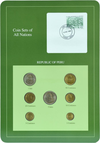 фото Перу Набор монет 1985-1988 UNC 1, 5, 10, 20, 50 сентим 1, 5 интис и 1 марка в сувенирной упаковке