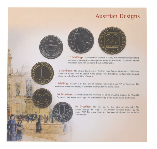 фото Австрия набор из 6 монет 2001 UNC 10, 50 грош, 1, 5, 10, 20 шиллингов в сувенирной упаковке
