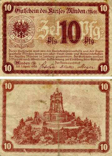 фото Германия Нотгельд  10 пфеннигов 1920  F-VF Минден
