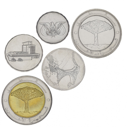 фото Йемен набор из 5 монет 1993-2009 UNC 1, 5,10, 20 риалов, 20 риалов памятная биметаллическая