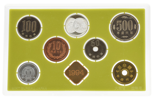 фото Япония набор из 8 монет 1994 UNC Год Собаки 1, 5, 10, 50, 100, 500 йен, медаль, серебряная медаль