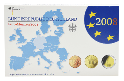 фото Германия набор из 9 монет евро 2008 UNC D 1, 2, 5, 10, 20, 50 евроцентов, 1, 2 евро, памятная 2 евро Блистер