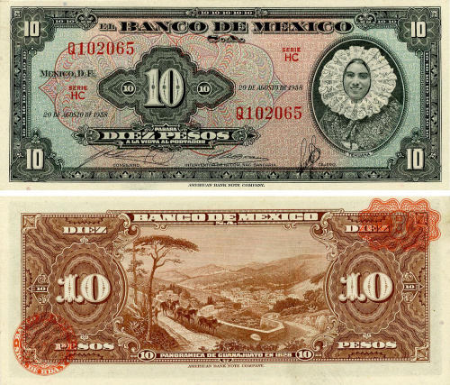 фото Мексика 10 песо 1958 AU-UNC (P58)