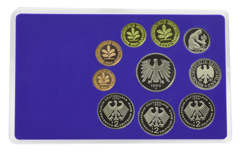 фото Германия набор из 10 монет 1990 Proof G 1, 2, 5, 10, 50 пфеннигов, 1, 2, 2, 2, 5 марок в сувенирной упаковке