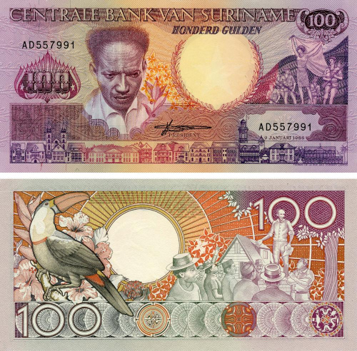 фото Суринам 100 гульденов 1988 UNC Птица - Попугай (P133b)