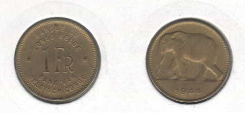фото Конго Бельгийское 1 франк 1944 VF (km#26)
