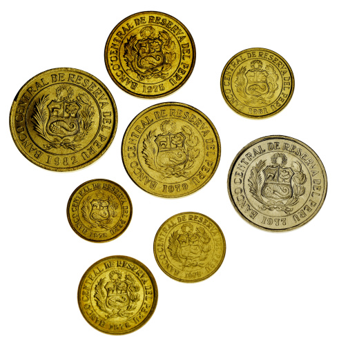 фото Перу набор из 8 монет 1975-1981 F-VF 10, 20 сентаво, 0,5, 1, 1, 5, 5, 10 солей