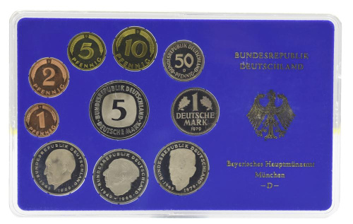 фото Германия набор из 10 монет 1979 Proof D 1, 2, 5, 10, 50 пфеннигов, 1, 2, 2, 2, 5 марок в сувенирной упаковке