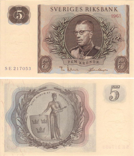 фото Швеция 5 крон 1961 UNC (P42)