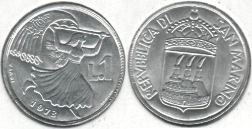 фото Сан-Марино 1 лира 1973 VF (KM#22)