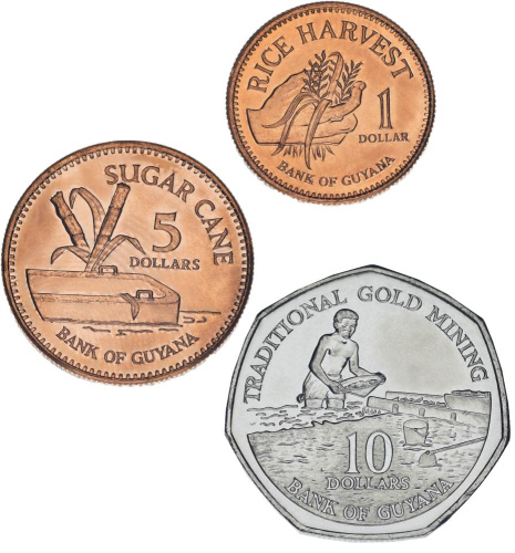 фото Гайана набор из 3 монет 2005-2008 UNC 1, 5, 10 долларов