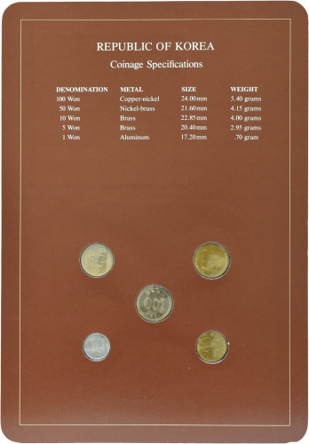 фото Южная Корея Набор монет 1971-1983 UNC 1, 5, 10, 50, 100 вон и 1 марка в сувенирной упаковке