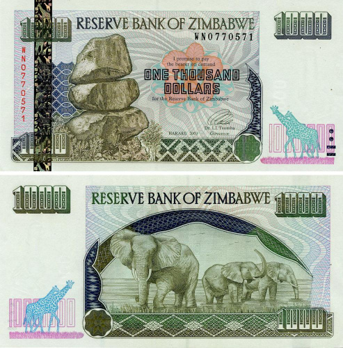 фото Зимбабве 1000 долларов 2003 AU-UNC Слоны (P12b)