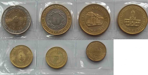 фото Аргентина набор из 7 монет 1993-2013 UNC 1, 5, 10, 25, 50 сентаво, 1, 2 песо