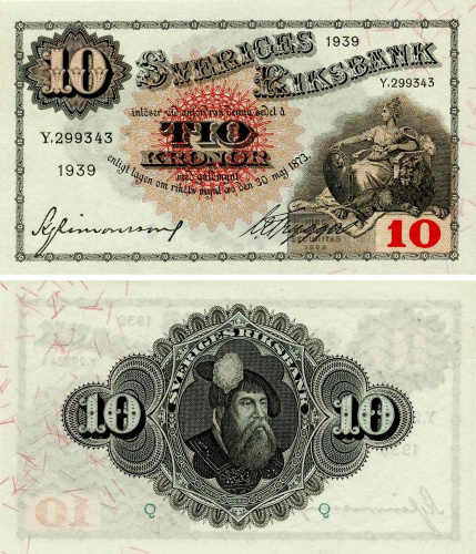 фото Швеция 10 крон 1939 UNC (P34v)