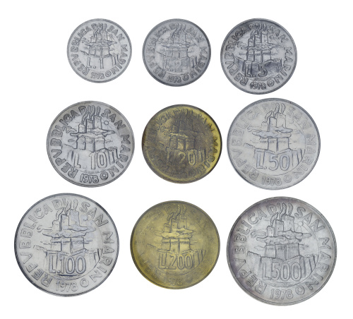 фото Сан-Марино набор из 9 монет 1978 UNC 1, 2, 5, 10, 20, 50, 100, 200, 500 лир (серебро)