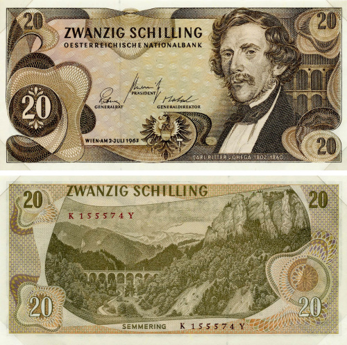 фото Австрия 20 шиллингов 1967 UNC в конверте (P142)