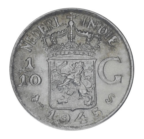 фото Нидерландская Индия 1/10 гульдена 1945 Серебро F-VF (Ag 720, 1,25 грамм)