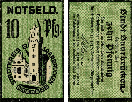 фото Германия Нотгельд  10 пфеннигов 1919  F-VF Саарбрюккен
