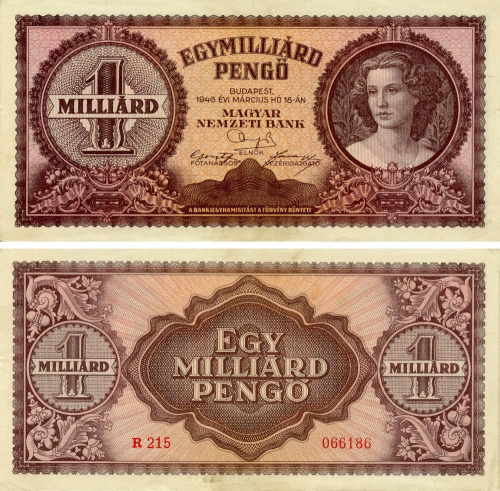 фото Венгрия 1000000000 пенго 1946 VF-AU (P125)