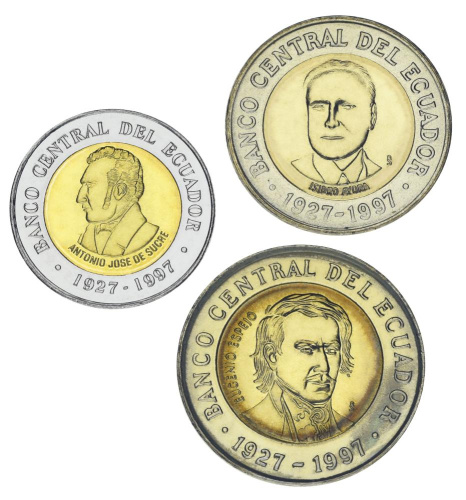 фото Эквадор набор из 3 монет 1997 Биметалл UNC 70 лет Центральному банку 100, 500, 1000 сукре
