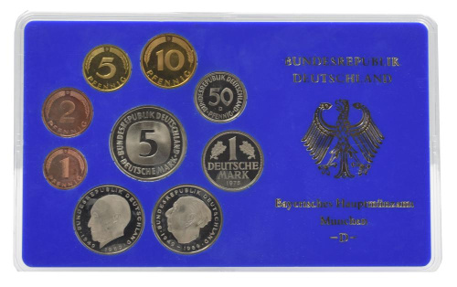 фото Германия набор из 10 монет 1975 Proof D 1, 2, 5, 10, 50 пфеннигов, 1, 2, 2, 2, 5 марок в сувенирной упаковке