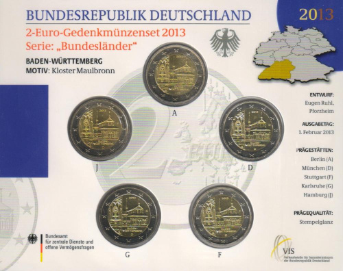 фото Германия набор из 5 монет по 2 евро 2013 A, D, F, G, J «Баден-Вюртемберг» UNC в сувенирной упаковке