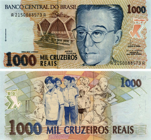 фото Бразилия 1000 крузейрос реаис 1993 UNC (P240)