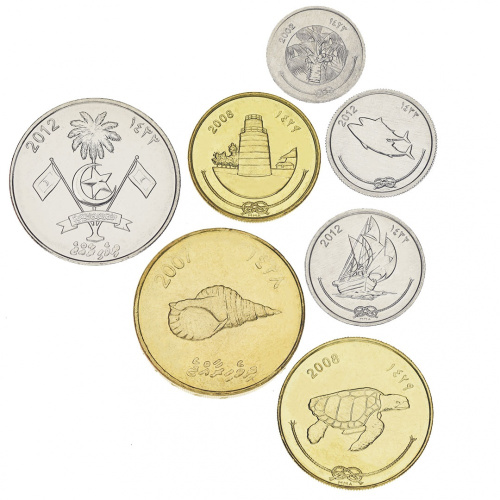фото Мальдивы набор из 7 монет 1984-2012 UNC 1, 5, 10, 25, 50 лаари, 1, 2 руфии