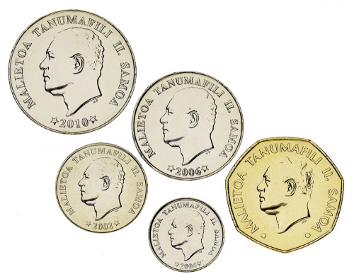 фото Самоа набор из 5 монет 2002-2010 UNC 5, 10, 20, 50 сене, 1 тала