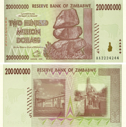фото Зимбабве 200000000 долларов 2008 UNC 200 миллионов (P81)