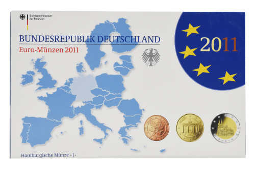 фото Германия набор из 9 монет евро 2011 UNC J 1, 2, 5, 10, 20, 50 евроцентов, 1, 2 евро, памятная 2 евро Блистер