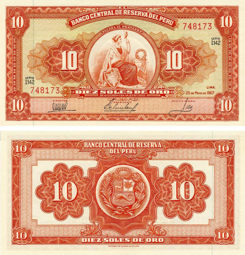 фото Перу 10 соль 1967 AU-UNC (P84)