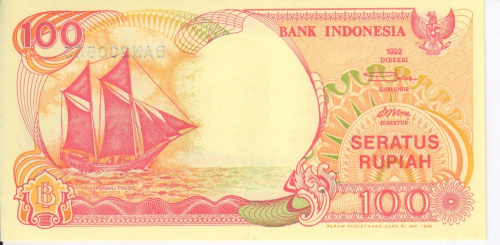 фото Индонезия 100 рупий 1992 UNC Парусник (P127)