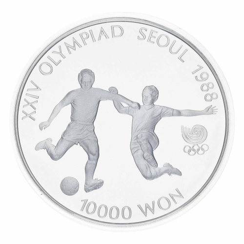фото Южная Корея 10000 вон 1988 Серебро Proof XXIV летние Олимпийские Игры в г. Сеул 1988 - Футбол