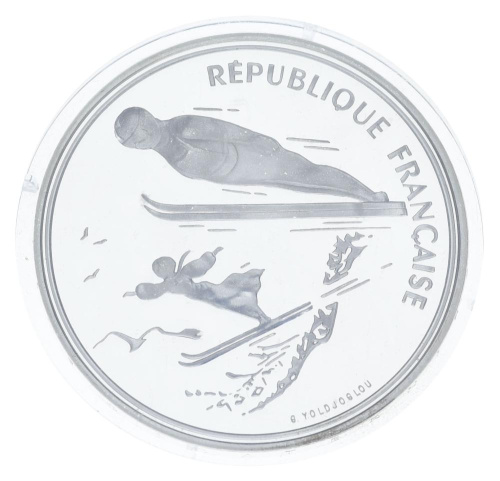 фото Франция 100 франков 1991 Серебро Proof Зимние Олимпийские игры 1992 - Прыжки на лыжах с трамплина