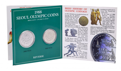 фото Южная Корея набор из 2 монет 1987 UNC 1000, 2000 вон XXIV летние Олимпийские игры в Сеуле 1988