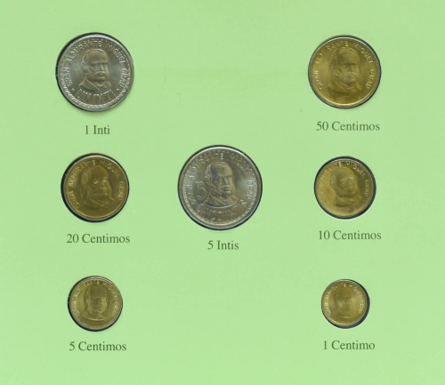 фото Перу Набор монет 1985-1988 UNC 1, 5, 10, 20, 50 сентим 1, 5 интис и 1 марка в сувенирной упаковке