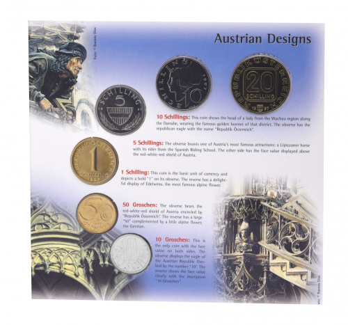 фото Австрия набор из 6 монет 1997 UNC 10, 50 грош, 1, 5, 10, 20 шиллингов в сувенирной упаковке
