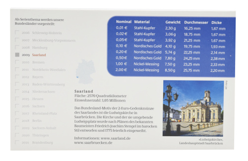 фото Германия набор из 9 монет евро 2009 UNC D 1, 2, 5, 10, 20, 50 евроцентов, 1, 2 евро, памятная 2 евро Блистер