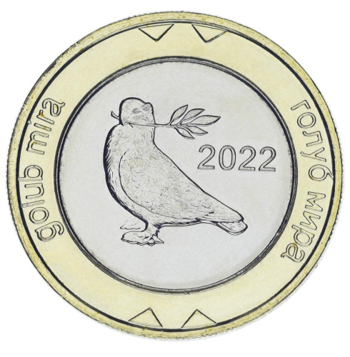 фото Босния и Герцеговина 2 марки 2022 Биметалл UNC Птица - Голубь мира