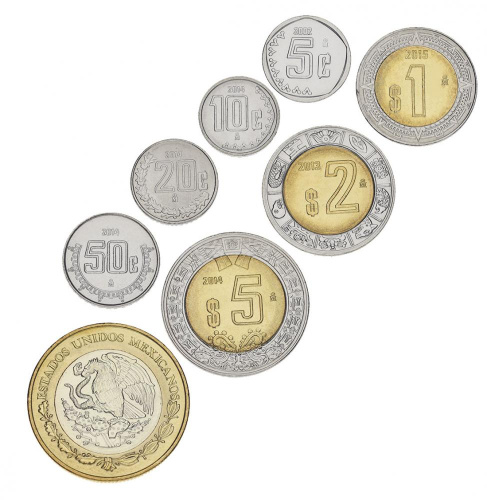 фото Мексика набор из 8 монет 2001-2022 UNC 5, 10, 20, 50 центов, 1, 2, 5, 10 песо