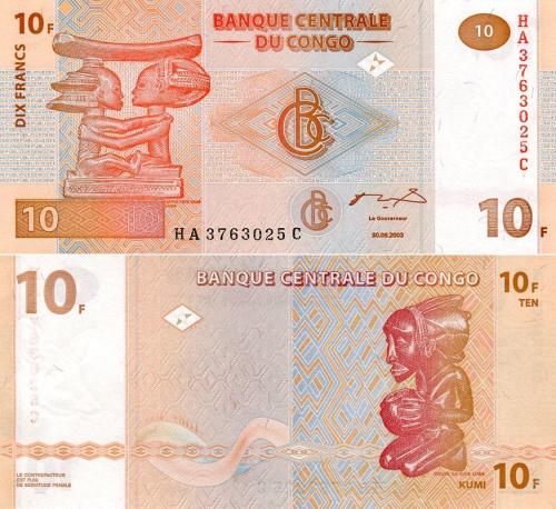 фото Демократическая республика Конго 10 франков 2003 UNC (P93)