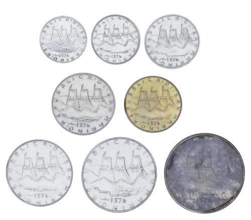 фото Сан-Марино набор из 8 монет 1976 UNC 1, 2, 5, 10, 20, 50, 100, 500 лир (серебро)