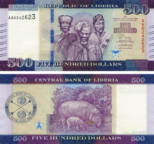 фото Либерия 500 долларов 2016 UNC Бегемот Гиппопотам (P36)