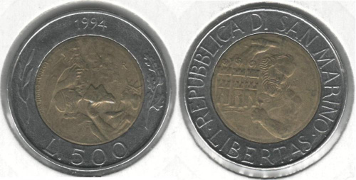 фото Сан-Марино 500 лир 1994 VF (KM#314)