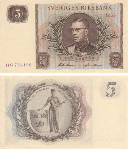 фото Швеция 5 крон 1955 UNC (P42)