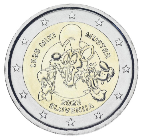 фото Словения 2 евро 2025 Биметалл UNC 100 лет со дня рождения Мики Мустера