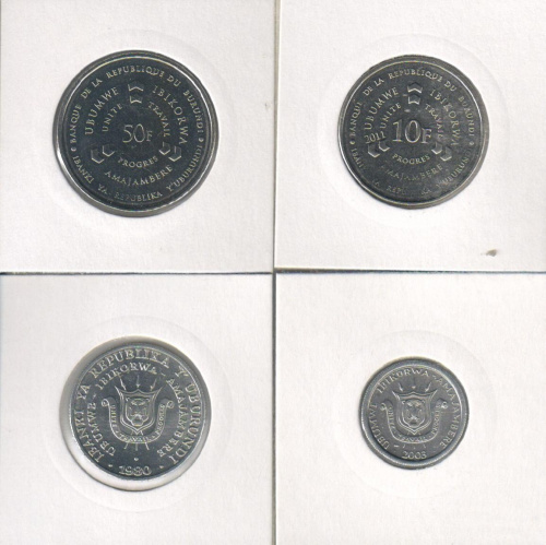 фото Бурунди набор из 4 монет 1980-2011 UNC 1, 5, 10, 50 франков
